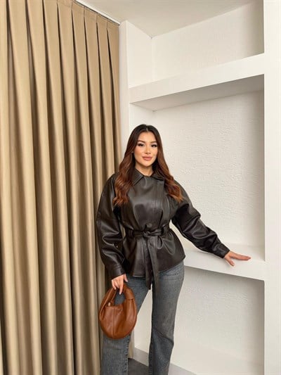 Kemerli Viral Deri Ceket Kahve