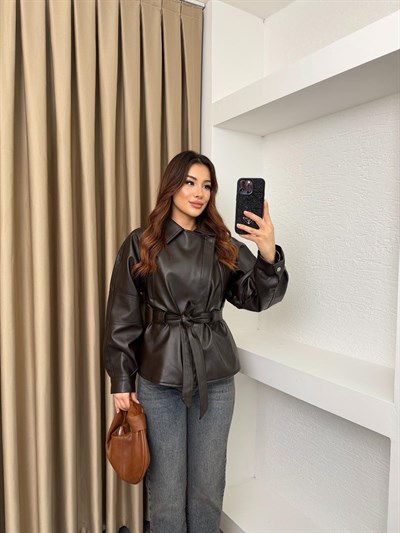 Kemerli Viral Deri Ceket Kahve