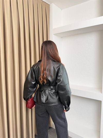 Kemerli Viral Deri Ceket Siyah