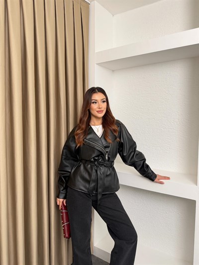 Kemerli Viral Deri Ceket Siyah