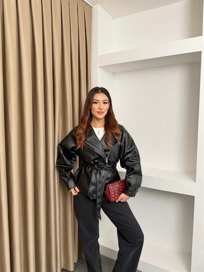 Kemerli Viral Deri Ceket Siyah