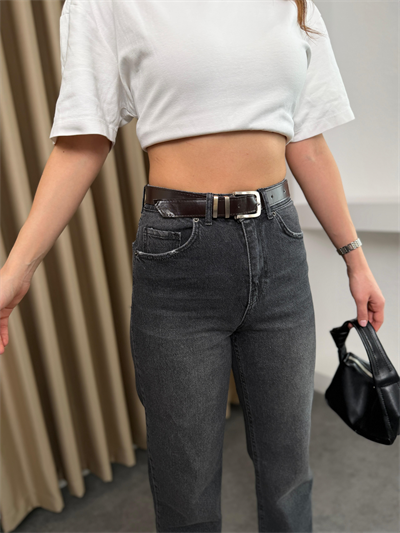 Kemerli Yüksek Bel Kesik Paça Jean Antrasit