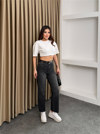 Kemerli Yüksek Bel Kesik Paça Jean Antrasit