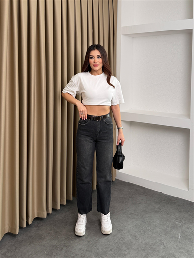 Kemerli Yüksek Bel Kesik Paça Jean Antrasit