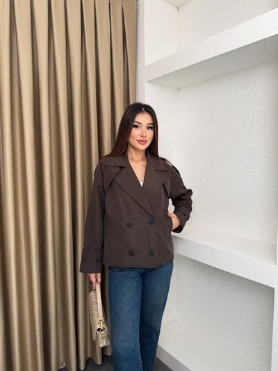 Kruvaze Astarlı Kolu Kemerli Trençkot Kahve