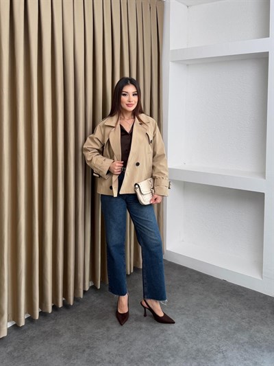 Kruvaze Astarlı Kolu Kemerli Trençkot Bej