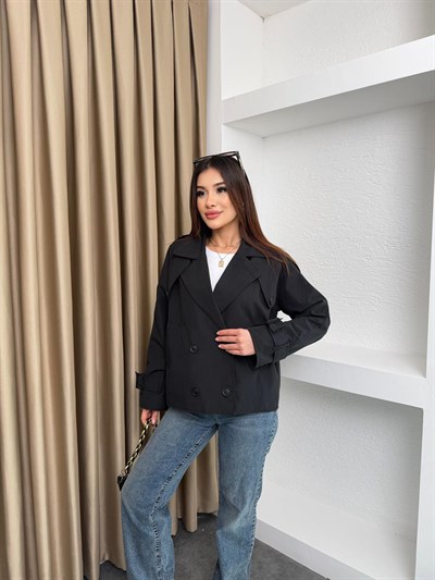 Kruvaze Astarlı Kolu Kemerli Trençkot Siyah