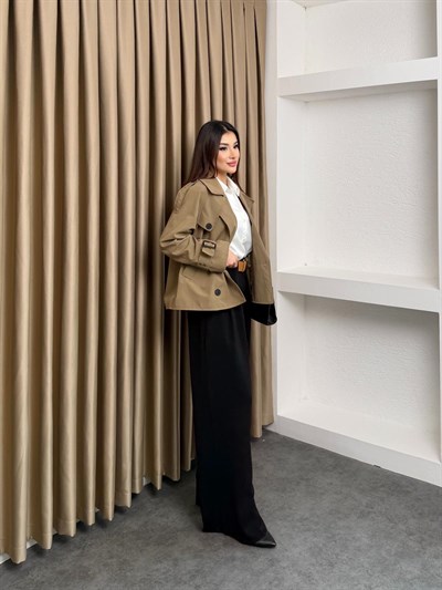 Kruvaze Astarlı Kolu Kemerli Trençkot Haki