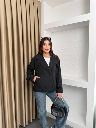 Kruvaze Astarlı Kolu Kemerli Trençkot Siyah