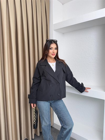 Kruvaze Astarlı Kolu Kemerli Trençkot Siyah