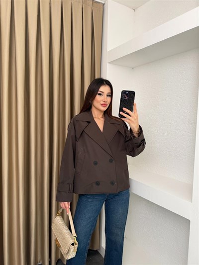 Kruvaze Astarlı Kolu Kemerli Trençkot Kahve