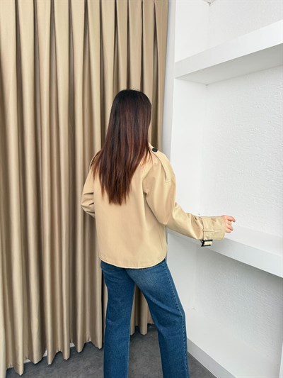 Kruvaze Astarlı Kolu Kemerli Trençkot Bej