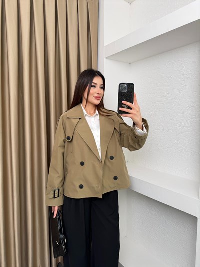 Kruvaze Astarlı Kolu Kemerli Trençkot Haki