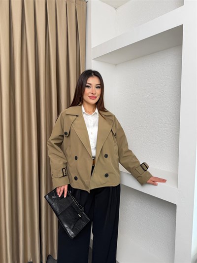 Kruvaze Astarlı Kolu Kemerli Trençkot Haki