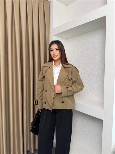 Kruvaze Astarlı Kolu Kemerli Trençkot Haki