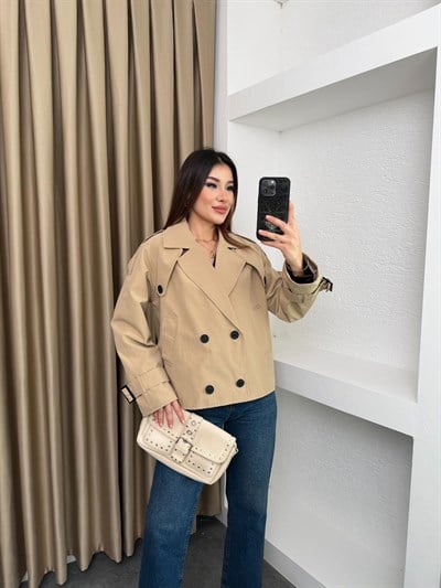 Kruvaze Astarlı Kolu Kemerli Trençkot Bej