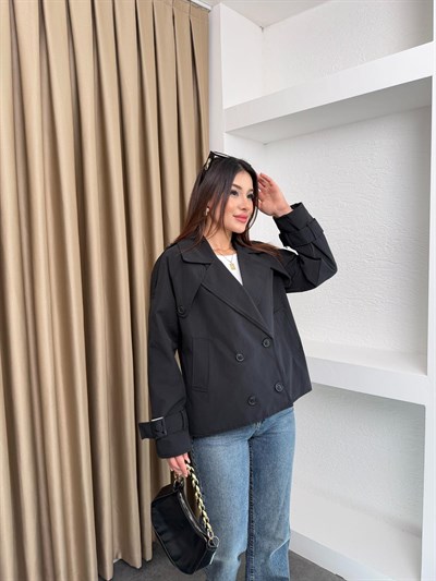 Kruvaze Astarlı Kolu Kemerli Trençkot Siyah