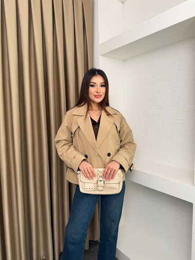 Kruvaze Astarlı Kolu Kemerli Trençkot Bej