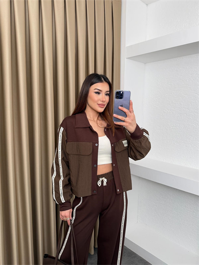 Kumaş Matchli Etiket Detay Takım Kahve