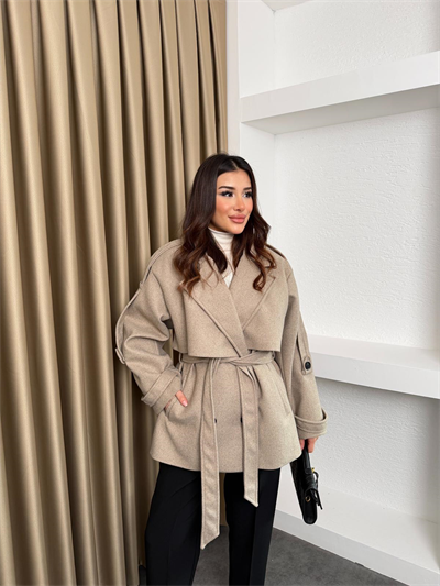 Kuşaklı Ara Boy Standart Oversize Kaşe Kaban Bej