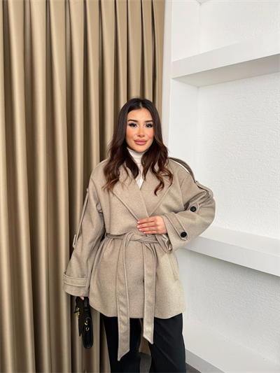 Kuşaklı Ara Boy Standart Oversize Kaşe Kaban Bej