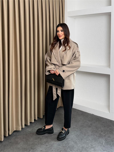 Kuşaklı Ara Boy Standart Oversize Kaşe Kaban Bej