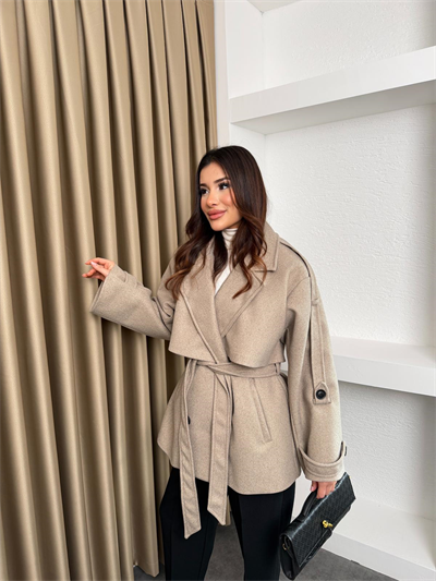 Kuşaklı Ara Boy Standart Oversize Kaşe Kaban Bej