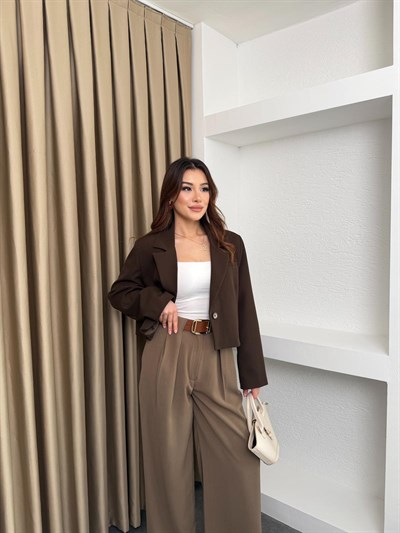 Lamineli Crop Ceket Kahve