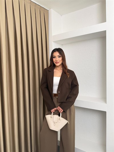 Lamineli Crop Ceket Kahve