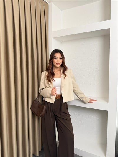 Lamineli Crop Ceket Krem