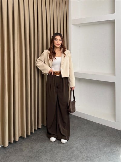 Lamineli Crop Ceket Krem