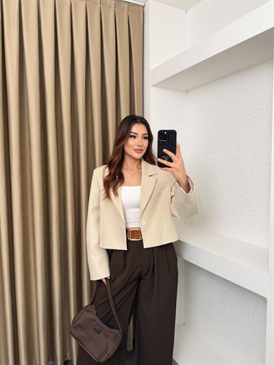 Lamineli Crop Ceket Krem