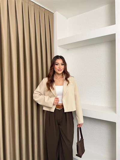 Lamineli Crop Ceket Krem