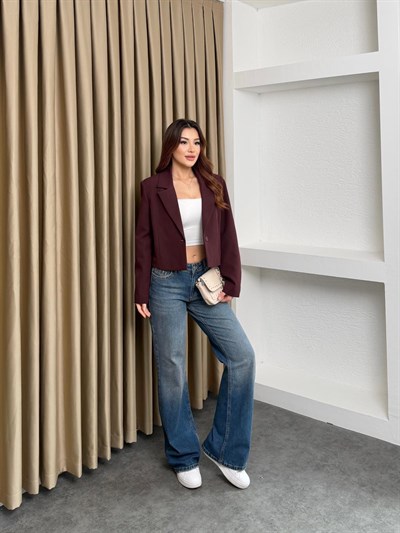 Lamineli Crop Ceket Mürdüm