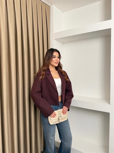 Lamineli Crop Ceket Mürdüm