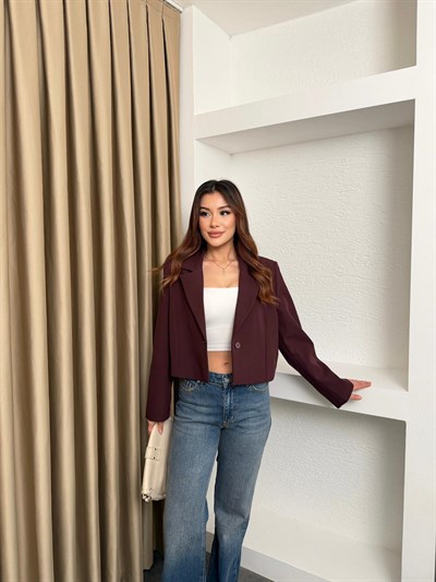 Lamineli Crop Ceket Mürdüm