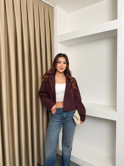 Lamineli Crop Ceket Mürdüm