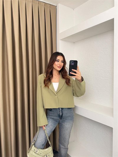Lamineli Crop Ceket Yeşil
