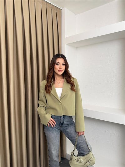 Lamineli Crop Ceket Yeşil
