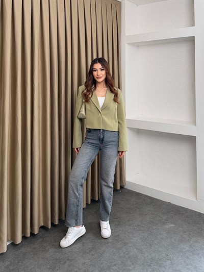 Lamineli Crop Ceket Yeşil