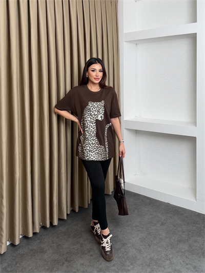 Leopar Baskılı Oversize Tişört Kahve