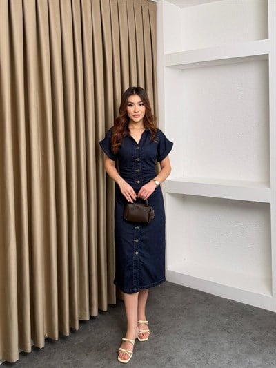 Likralı Düğmeli Uzun Kot Elbise