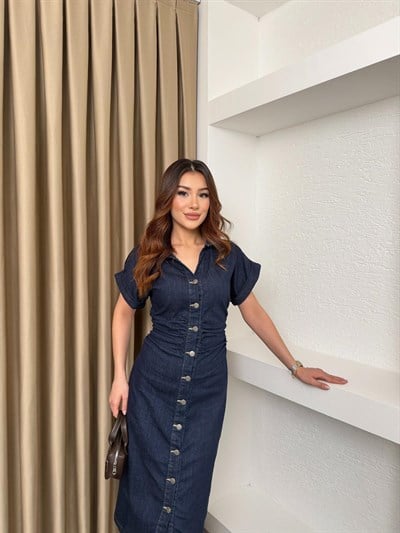 Likralı Düğmeli Uzun Kot Elbise