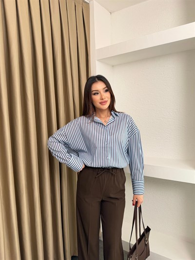 Mavi Kahverengi Çizgili Oversize Gömlek