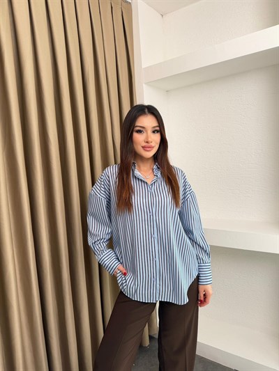 Mavi Kahverengi Çizgili Oversize Gömlek