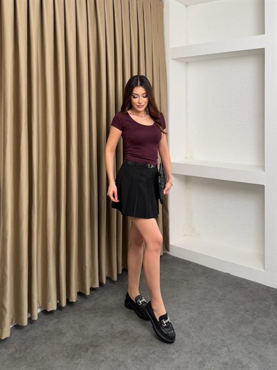 Modal Derin Yaka Crop Bluz Bordo