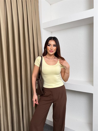 Modal Derin Yaka Crop Bluz Sarı