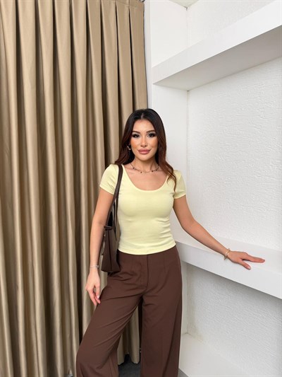 Modal Derin Yaka Crop Bluz Sarı