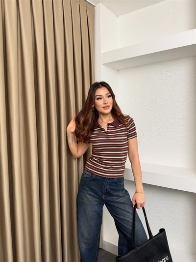 Modal Kumaş Çizgili Polo Yaka Tişört Kahve