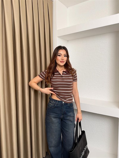 Modal Kumaş Çizgili Polo Yaka Tişört Kahve